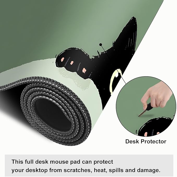 Cute Black Cat Large Mouse Pad – Extended Desk Mat 31.5 x 11.8 in– Kawaii Kitty Peeking Over Edge, Green Background, Non-Slip Rubber Base, Waterproof Keyboard & Mouse Pad for Office or Gaming