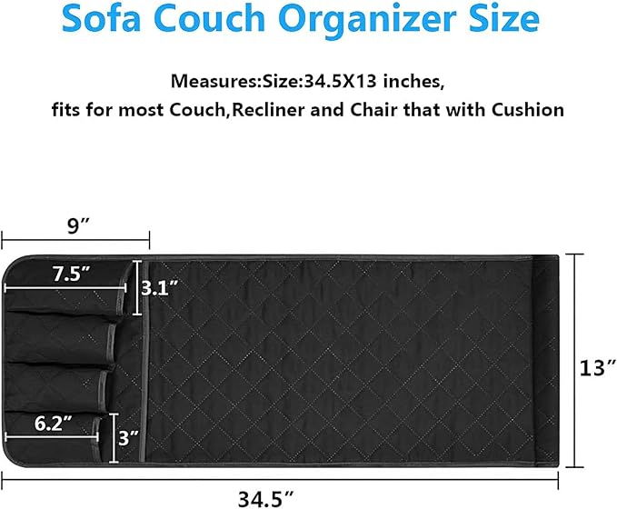 Sofa Armrest Organizer Non-Slip Arm Chair Bedside Caddy Storage Organizer for Recliner Couch with 5 Pockets for Cell Phone TV Remote Control Magazines (BLACK)