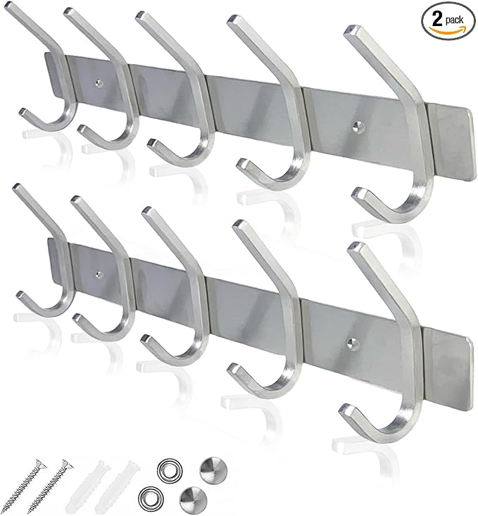 GlazieVault Coat Rack Wall Mount - Stainless Steel (2 Pack) - Heavy Duty Hooks for Hat, Towel, Robes, Jacket, Clothes - Bathroom, Entryway Hanger