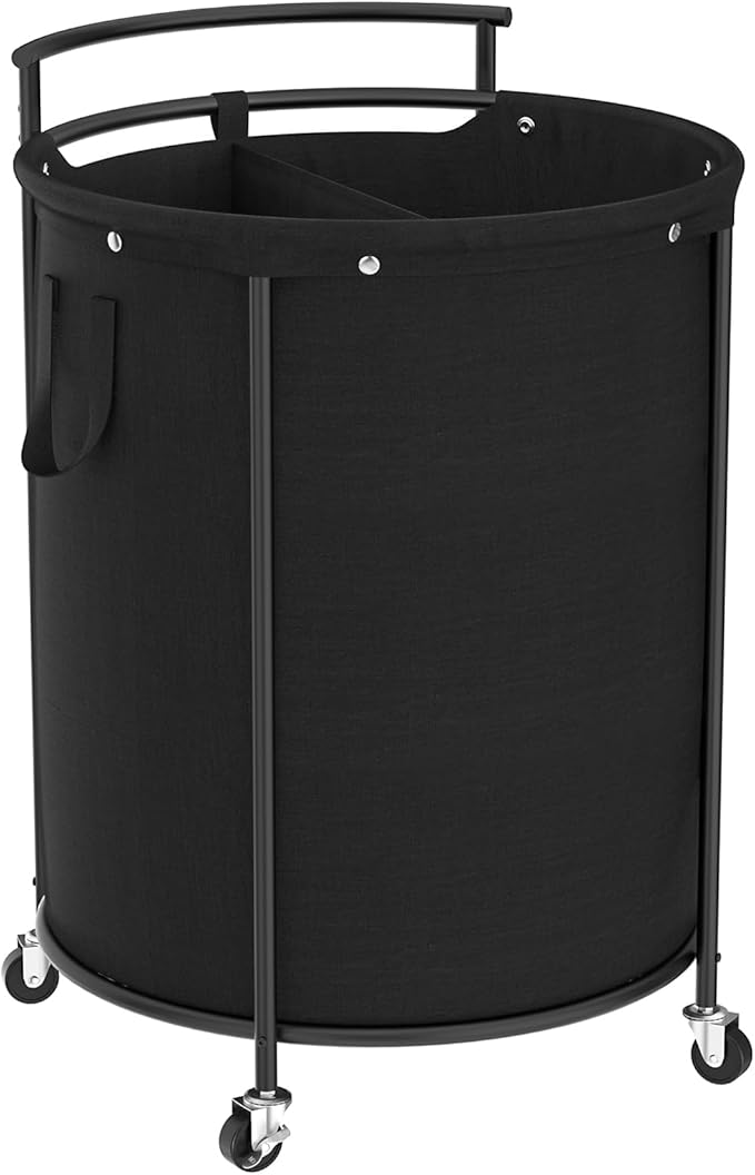 Chrislley 200L Laundry Basket with Wheels,2 section Rolling Laundry Hamper with Removable Bag,Round Laundry Cart with Steel Frame and Handle,Large Dirty Clothes Hamper for Laundry Room,Bedroom(Black)