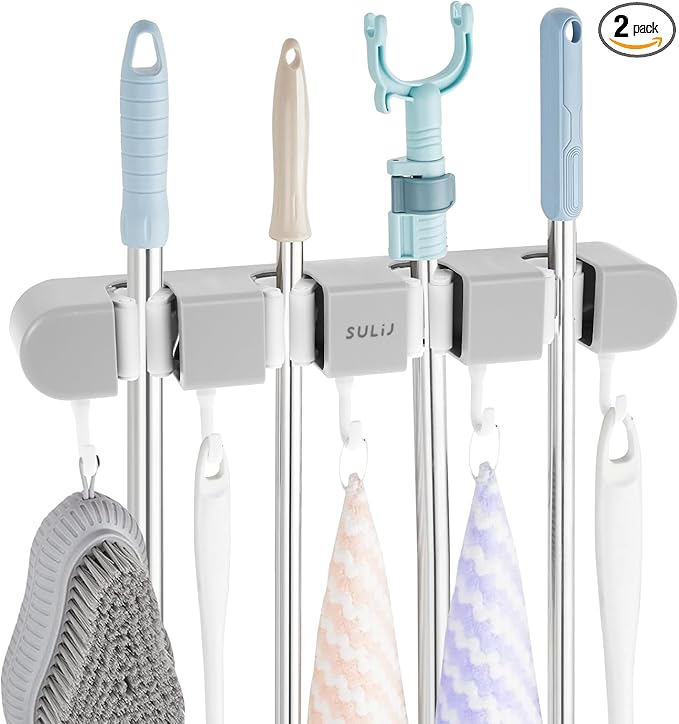 2Pcs Broom Holder Wall Mount, No-Drilling Self-Adhesive Mop and Broom Storage Rack (4 Racks with 5 Hooks),Wall-Mounted Broom Hanger for Bathroom, Kitchen, Closet, Garage, Grey