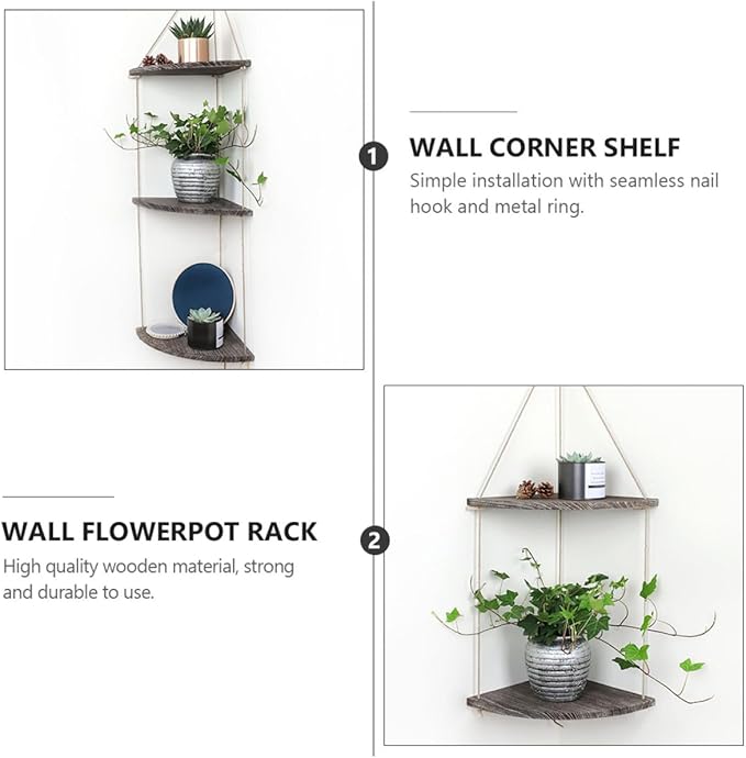 Vintage Fan-Shaped Wooden Wall Corner Shelf Rustic Brown Hanging Rack for Plants Crafts Photos Display and Home Storage Organizer