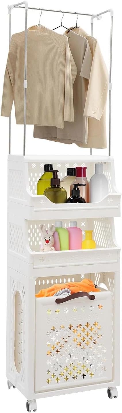 Laundry Hamper Cart, 4 Tiers Laundry Hamper Trolley, Laundry Basket, Rolling Laundry Organizer with Hanging Rack, Storage Basket with Wheels for Laundry Room