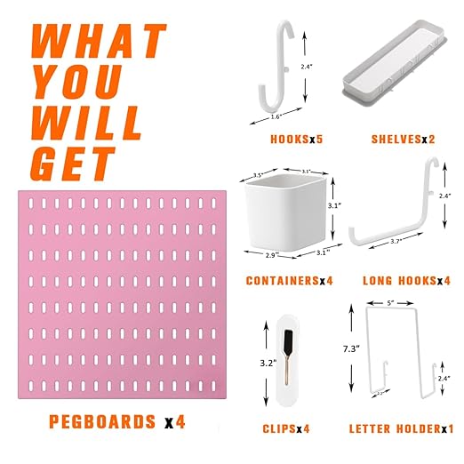 Peg Board Combination Kit, 4 Pegboards with 20 Accessories, Pegboard Wall Organizer for Office, Nursery & Home Storage, Key Holder, 25.6"x25.6" – Nail-Free Installation（Pink）