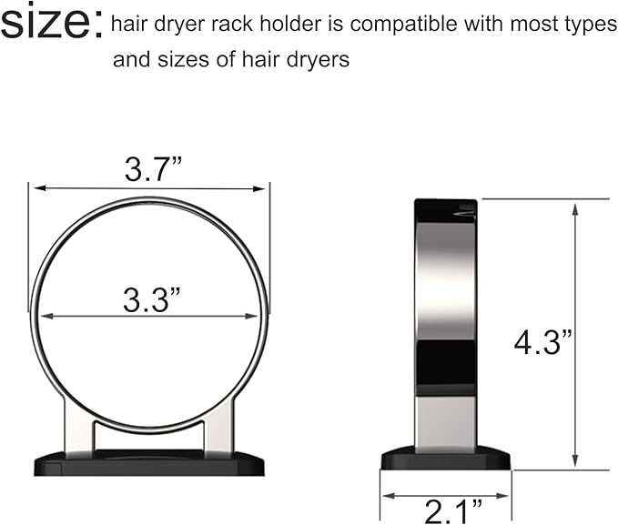 Hair Dryer Holder, Bathroom Cabinet Door Blow Dryer Stand, Blow Dryer Holders Wall Mount - Extra Large Rim (Silver + Black)