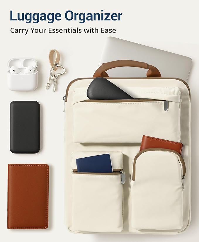 Over Luggage Organizer Bag for Suitcase with Multi Pockets, 16”Laptop Bag with Handle, Portable Travel Organizer Bags for Luggage with Adjustable Strap, Tote Carry Bag for Men Women(Beige)