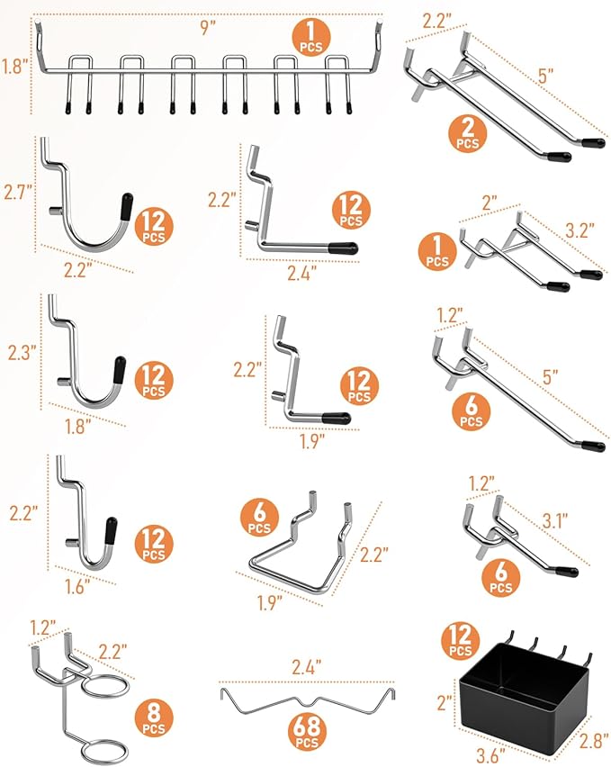 INCLY 170PCS 1/4 Inch Pegboard Hooks Kit, Extra Thick Heavy Duty Peg Board Organizer Accessories Assortment with Pegboard Bins & Peg Lock for Only 1/4" Pegboard Hanging Tools Garage Wall Attachment