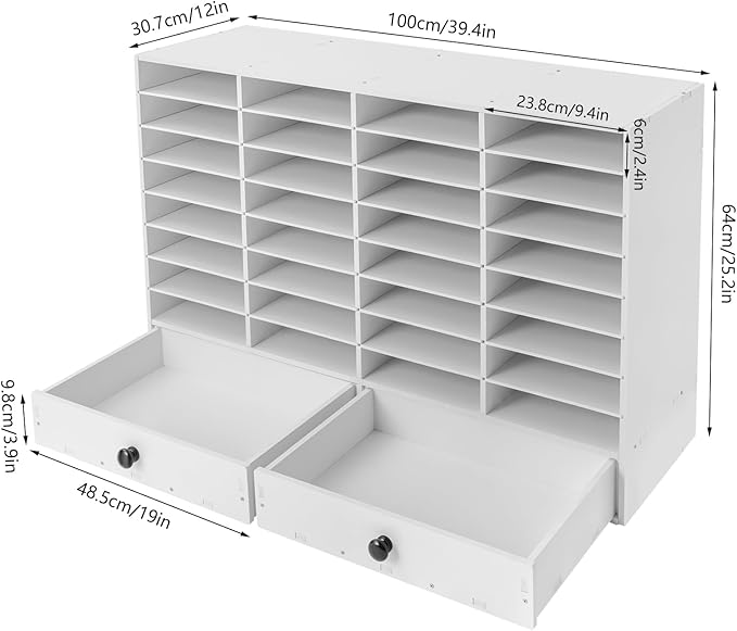 Literature Organizer 32 Slots Office Mailbox Cubbies PVC Desk Mail Sorter Organizer with Adjustable Panels & 2 Drawers for Office, Home, Classroom, Mailrooms, Bearing 110lbs (White)