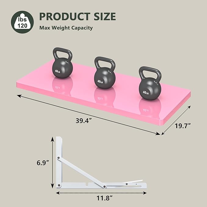 Clikuutory Wall Mounted High Gloss Folding Table, Wall Desk Fold Down for Small Spaces, Folding Workbench for Laundry Room, Home Office, Kitchen, Bedroom, Home Bar, Pink (39.4"×19.7")