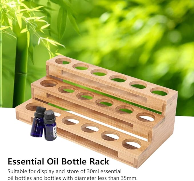 3 Tier Essential Oil Holder Stand, 1.4in Hole Diameter Wood Cosmetic Storage Organizer Rack, Makeup Display Stand for 18 Bottles