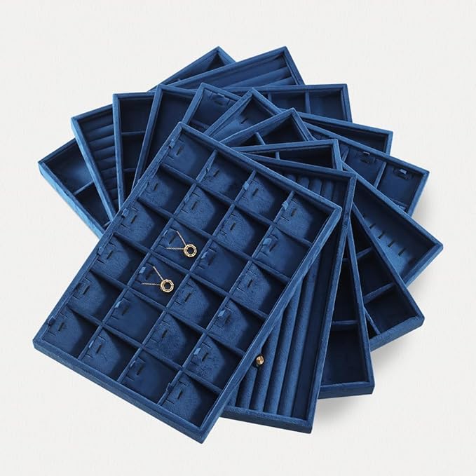 Velvet Stackable Jewelry Display Tray, 24 Grid Earring Ring Storage Tray, Drawer Divider Jewelry Accessories Organizer Plate (Blue)