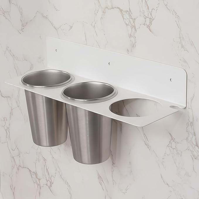 Hair Tool Organizer Wall Mount, Stainless Steel Hair Tool Holder with 2 Heat-Resistant Cups, Curling Iron Holder for Vanity, Hot Tools Organizer with PVC Ring,Hair Dryer Holder for Bathroom
