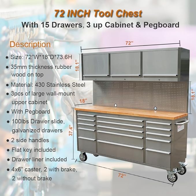 72 inch 11 Drawers Tool Chest with 3 Up Cabinet & Pegboard in Stainless Steel, Large Lockable Mobile Workbench with 6 Blue Storage Bins, Tool Box for Garage, Workshop (1 × HTC7214W1+ 1 × HTC7218W1)