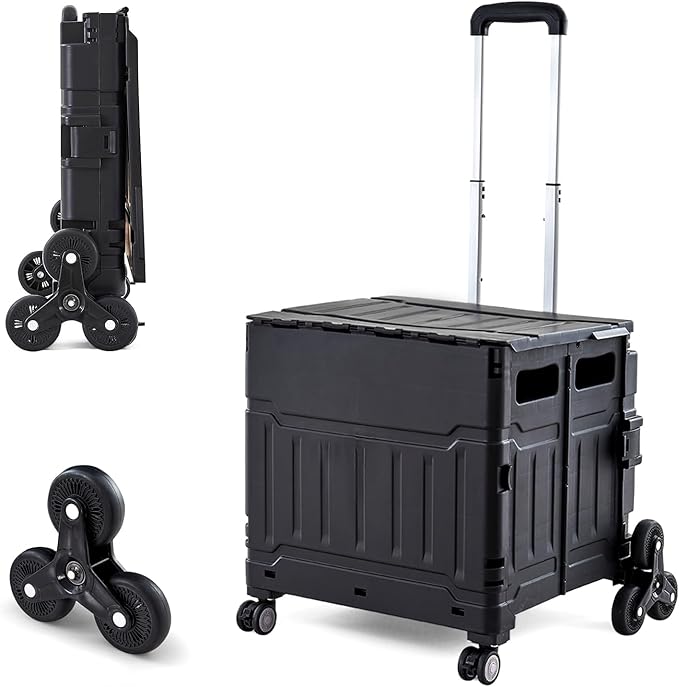 Utility Cart Teacher Cart with Stair Climbing Wheels Foldable Shopping Cart, with Telescopic Handle, Ideal for Outdoor Home Use and Teacher/Student Book Storage. (Black, Large)