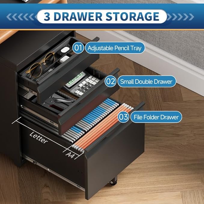 3 Drawer File Cabinet with Lock and Wheels,Rolling File Cabinets with Lock,Vertical Metal Filing Cabinet for Legal/Letter/A4 File-Black/Assembly Required
