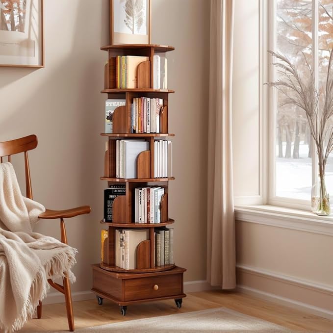 Rotating 360° Corner Bookshelf, 6-Tier Wood Bookcase with Wheels, Space-Saving Narrow Organizer for Bedroom, Living Room, and Study, Walnut Brown