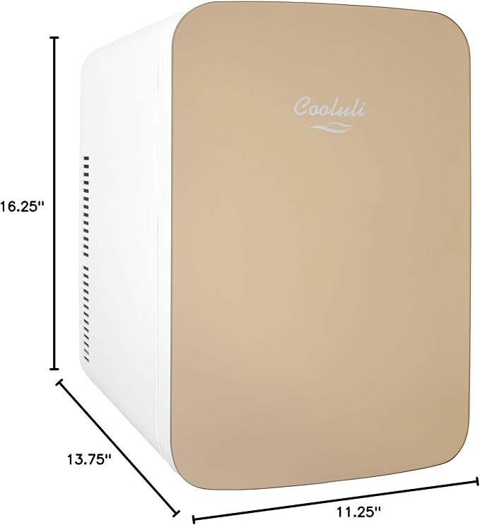 Cooluli 15L Mini Fridge for Bedroom - Car, Office Desk & College Dorm Room - 12v Portable Cooler & Warmer for Food, Drinks, Skincare, Beauty & Makeup - AC/DC Small Refrigerator with Glass Front, Gold
