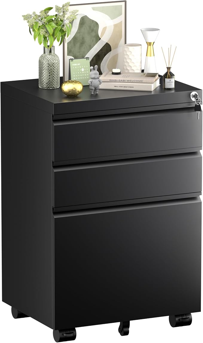 Bonusall 3 Drawer Black File Cabinet, Fully Assembled Metal Rolling Filing Cabinet with Lock, Under Desk Filing Cabinets for Home Office Fit A4/Letter/Legal