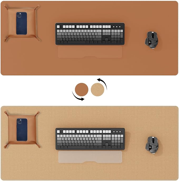 DAWNTREES Dual Sided Desk Mat,Leather Desk Pad,Brown Cork Desk Mat Protector,with PU Leather Valet Tray Organizer,Large Mouse Pad,Desk Writing Pad for Office and Home(31.5"x15.8")