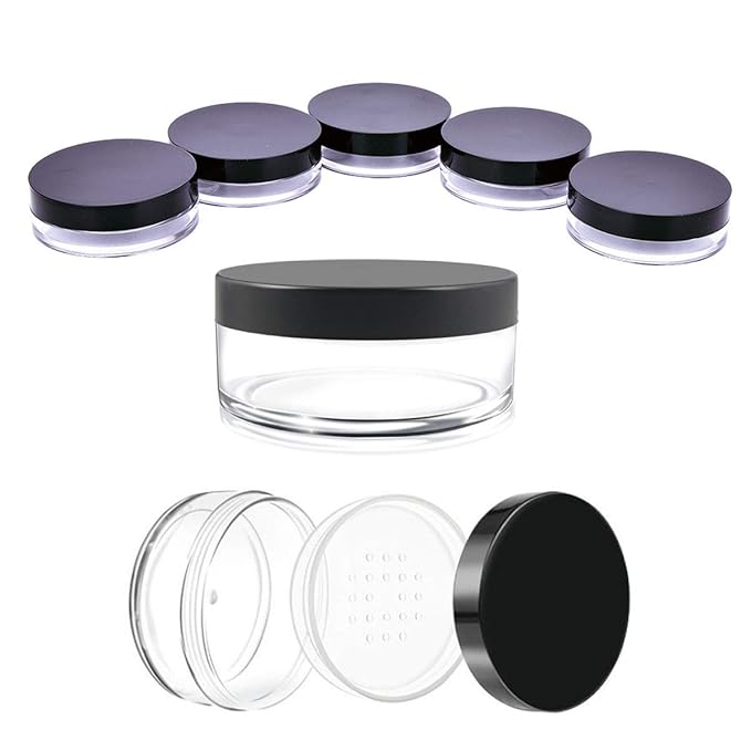 Pack of 4 Capacity 30 ml(1 oz) Empty Reusable Plastic Loose Powder Compact Container DIY Makeup Powder Case with Sifter and Lined Screw Lid Powder Face