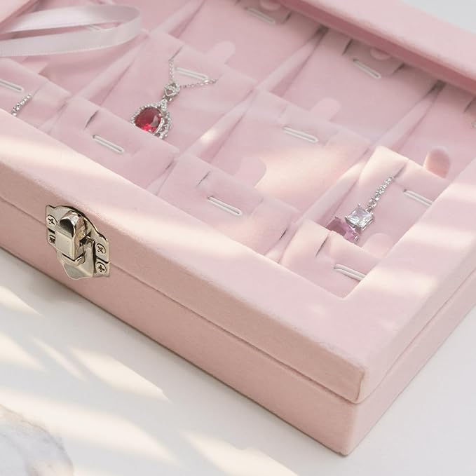 Jewelry Box Necklace Organizer Tray, Pink Velvet Necklace Display Case for Storage Small Display Tray 12 Grid Pendant Holder for Women