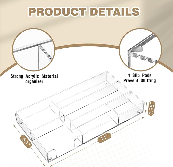 Clear Acrylic Desk Drawer Organizer 11 x 6.1 x 1.38 Inch Storage Tray Organizer for Pens, Stationery, Desktop, Office, Bathroom, Kitchen, Makeup Supplies (6 Compartments)