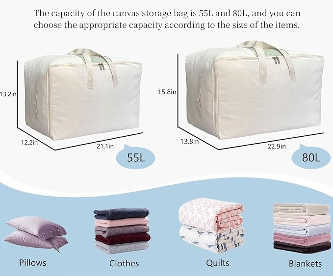 Soft Canvas Storage Bag with Zipper and Clear Window, Cotton Linen Organizer Storage for Pillow, Sweater, and Bedding, 55L, 4 Pack, Beige