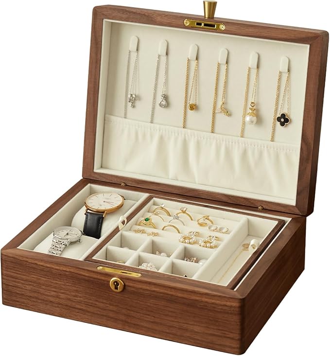 Solid Black Walnut Wood Jewelry Box With Velvet Lining,Personalized Ring and Necklace Box for Women and Girls,Brass Lock and Handle (With lock)