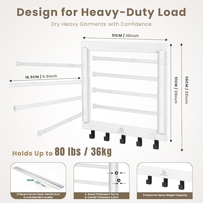 Bamboo Wall Mount Drying Rack for Laundry – Collapsible Foldable Clothes Dryer with 8 Arms & 5 Hooks, Space-Saving Laundry Hanger Dryer Rack, 20 Inch, 80 lb Capacity (White)