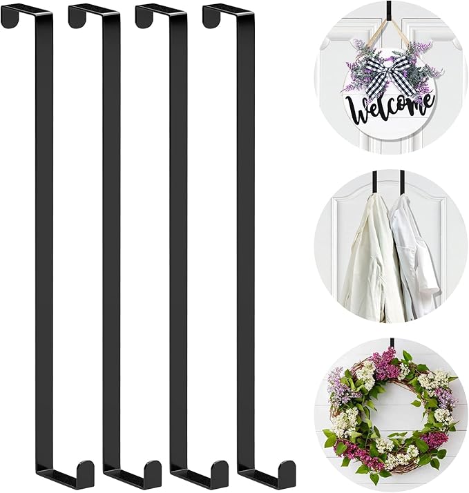Over The Door Hooks 14”, 4 Pack Upgraded Widen Hanger Hook Fits 1-3/4” & 1-3/8”Door Widths, Z-Shaped Wreath Sturdy for Hanging Wreaths, Hats, and Clothes (Black)