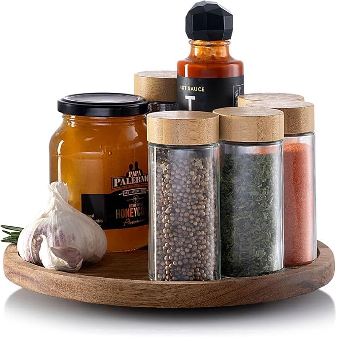 9" Acacia Wood Lazy Susan Revolution Turntable w/Rim – Rotating Tabletop Organizer for Spices, Kitchen, Counter or Pantry, 360° Turnable, Rustic Look
