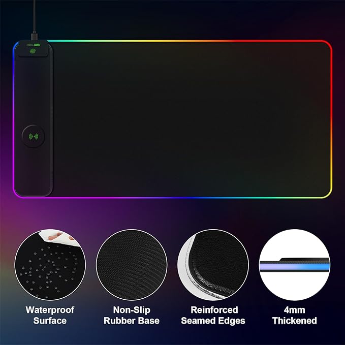 Magnetic Wireless Charging RGB Mouse Pad, 31.5'' x 15.8'' Large LED Gaming Desk Mat, 24 Light Effects, Non-Slip Rubber Base, Waterproof Ultra-Smooth Surface