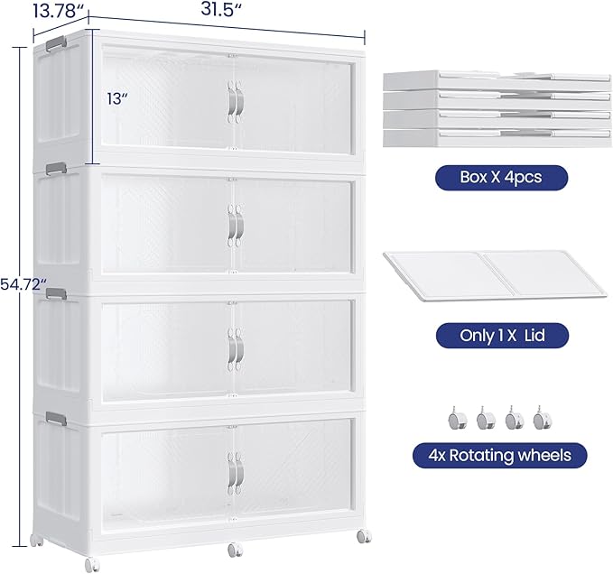 640QT Extra Large Stackable Storage Bins with Lid & Wheels & Doors, 160Gal Foldable Collapsible Closet Organizers, Plastic Cabinet Box Container Drawer for Home Kitchen Bedroom, 4Pack White