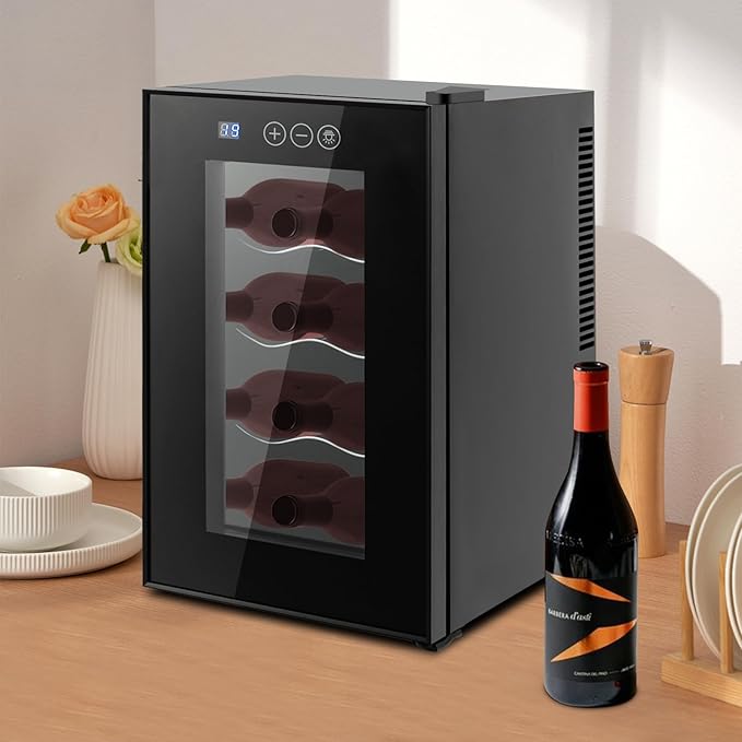 8 Bottle Wine Cooler, Small Wine Fridge Freestanding Wine Fridge with 46-64℉ Digital Temperature Control, Countertop Wine Cooler Refrigerator for Red, White and Sparkling Wine Storage