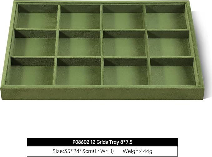 Velvet Stackable Jewelry Display Tray, 12 Grid Watch Bangle Bracelet Storage Tray, Makeup Drawer Insert Jewelry Shop Organizer Plate (Olive Green)