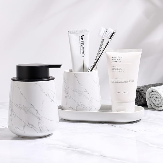 BosilunLife Marble Bathroom Accessory Set - 3 pcs Ceramic Bathroom Soap Dispenser Set Farmhouse Bathroom Counter Decor Set Accessories, Soap Dispenser and Toothbrush Holder, Tray