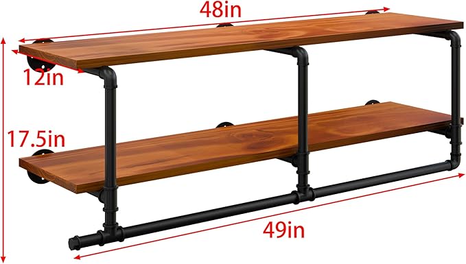 Wall Mounted Clothes Rack 12 Inch Deep, 48 Inch Heavy Duty Garment Rack with Real Brown Wood Shelf, Multi-Purpose Hanging Rod & Space-Saving Closet Storage Organizer