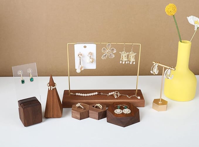 GemeShou Walnut Earring holder for selling, Brass earring stands and displays for show, Wood Jewelry Storage hanging shelf for Girl Woman【Walnut U Shelf Height 5.91"-Small】