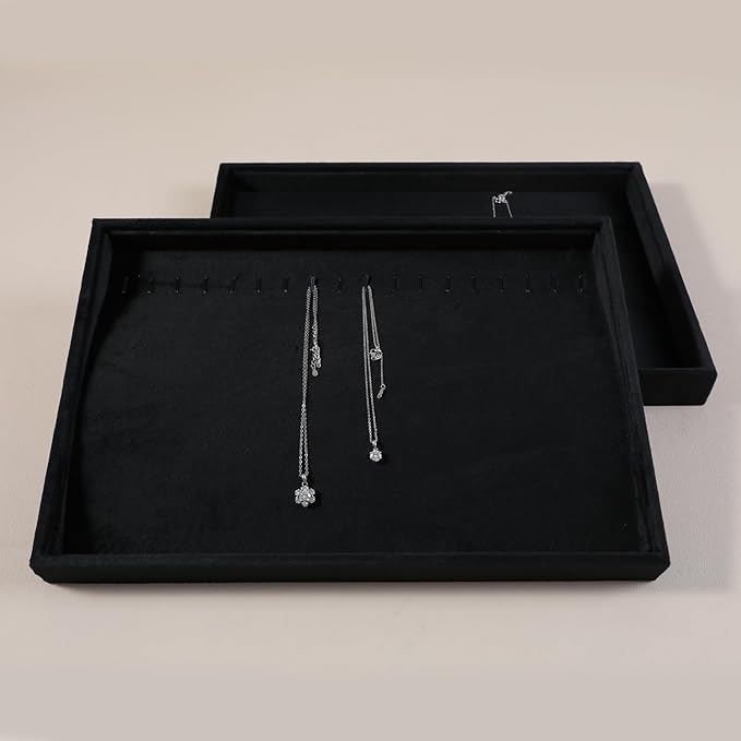 Velvet Jewelry Display Tray For Bracelet Pendant Necklace, Multi-Slot Stackable Storage Tray For Long Chain Jewelries, Drawer Insert Jewelry Organizer (Black)