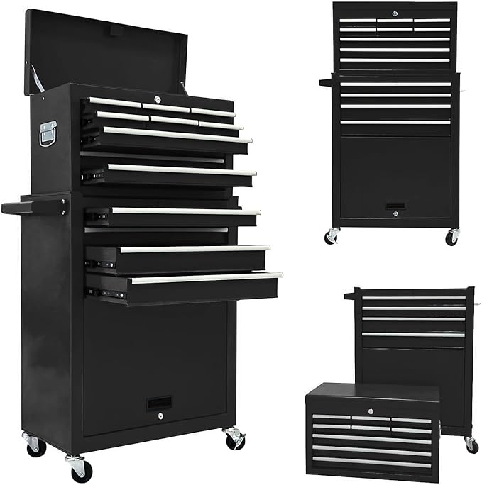 13-Drawer Rolling Tool Chest,Tool box with Wheels, Tool Cabinets with Drawers, Top Detachable Tool Chest with Hooks Handles for Workshop Mechanical Garage - Black