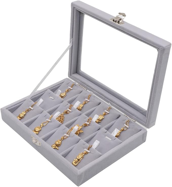 Jewelry Box Necklace Organizer Tray, Grey Necklace Display Case for Storage Jewelry Small Necklaces Display Stand 12 Slot Pendant Holder for Women