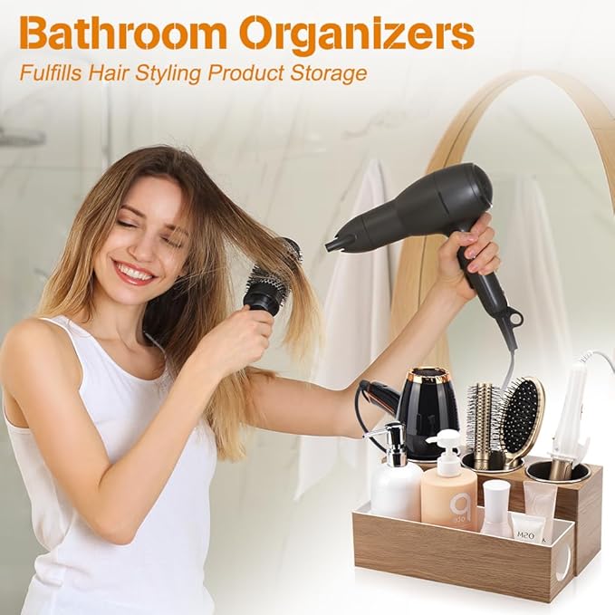 Hair Tool Organizer - Bathroom Vanity Organizers and Storage, Hair Styling Accessories Hot Tools Organizer Hair Dryer, Blow Dryer, Curling Iron, Flat Iron, Hair Straightener, Wood