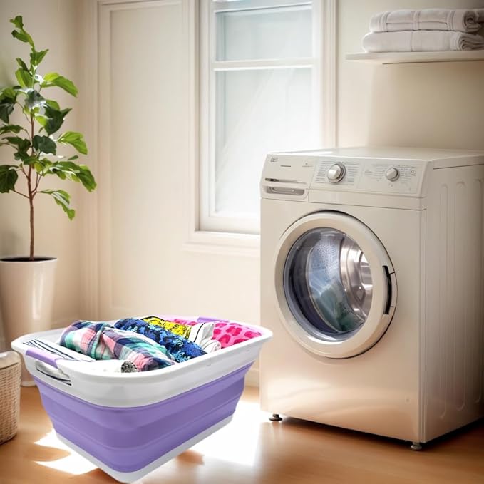 SAMMART Set of 2-41L(10.8 gallon) Collapsible Plastic Laundry Basket-Pop Up Storage Container-Portable Washing Tub-Space Saving Hamper,Water capacity:32L(8.4 gallon) (2 rectangular, Lt. Purple)