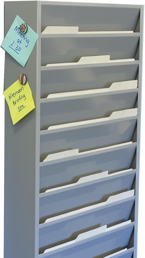 Displays2go Office File Folder Wall Rack, 11 Tiered Pockets, Medical Chart Folders (Gray Powder Coated Steel)