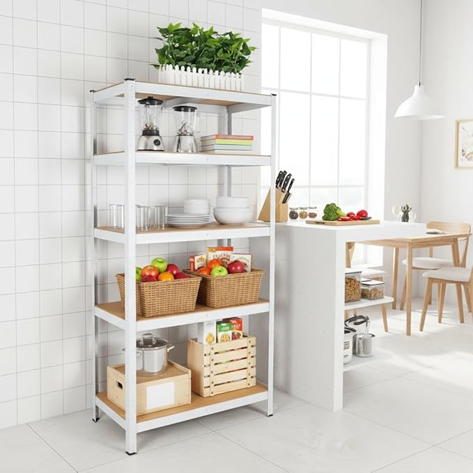 Weallux 5-Tier Metal Storage Shelf, White Steel Frame with Wood Shelves, 29.5 x 12 x 59 Inches, Adjustable Heavy Duty Utility Rack for Garage, Kitchen, Pantry