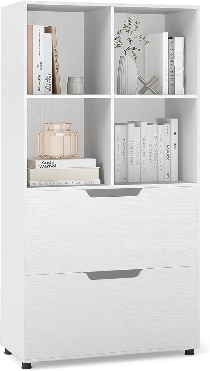 Giantex Bookcase with 2 Drawers, 51” Tall White Bookshelf w/4 Cubes, Anti-tip Kits, Freestanding Display Rack, Cubby Storage Organizer for Study, Living Room, Home Office