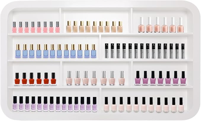 Hanging Nail Polish Display Rack, 4-Tier Wall Mount Nail Polish Organizer with 10 Compartment, Display Stand Shelf for Small Cosmetics (White)