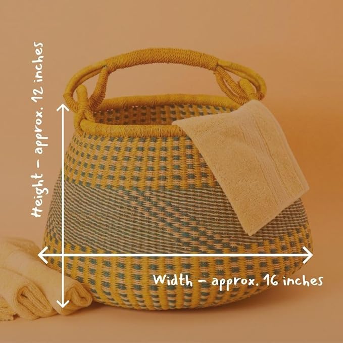 Home & Kitchen Decor, Wicker Basket, Picnic Basket, Living Room Basket, Organizing, Harvesting, Foraging, Fruit Storage, Hand Woven, Pot Shape, 16" Wide, Boho - Yellow Teal