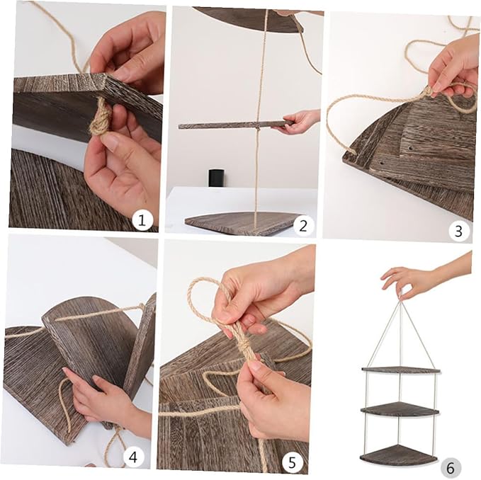 Vintage Fan-Shaped Wall Corner Hanging Shelf with Thick Rope Space-Saving Storage Rack for Plants Crafts Photos Rustic Brown Decorative Organizer for Bedroom Living Office