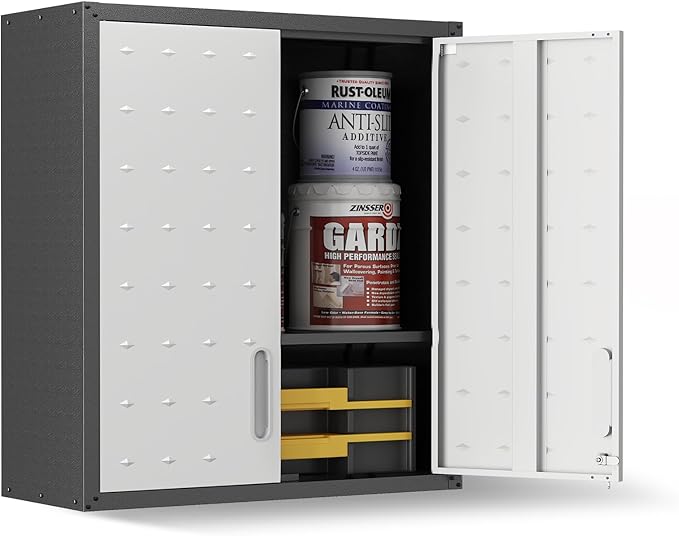 Wall Cabinet, Wall Mounted Cabinet with Lock and Adjustable Shelf for Garage, Tool Room, Kitchen, Assembly Required(Black and Gray)